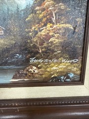 Vintage Mountain Oil Painting On Canvas Artist Signed Eugene Wood Cabin River