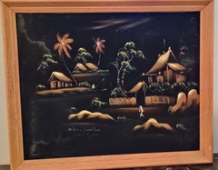 VTG Mid Century Black Velvet Surreal Tropical Island Landscape Framed 22” x 17
