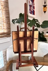 Mid Century Enamel on Copper Abstract Art w Folding Wood Easel Display Stand