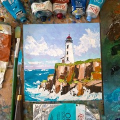 Lighthouse Impasto Original Oil Painting: 3D Textured Art, Unframed 6×6″