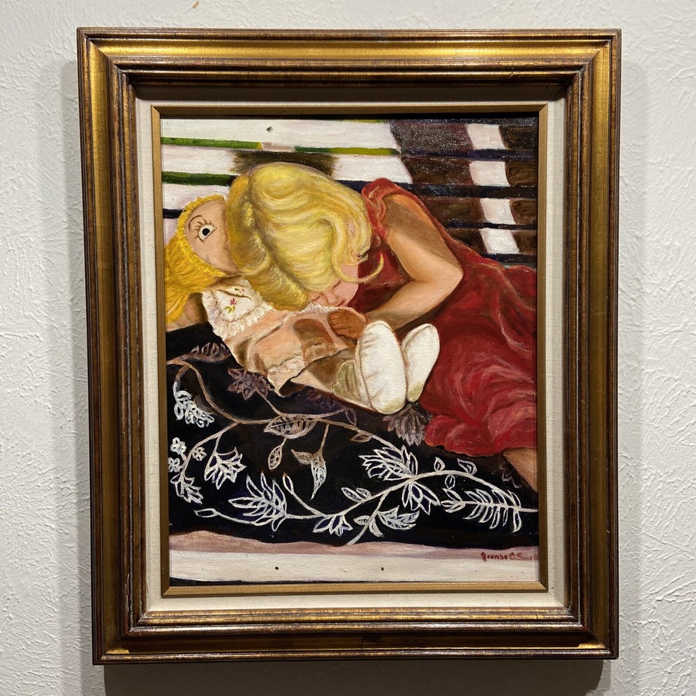 Vintage Oil Painting Girl with Doll on Bench Gold Gilt Wood Frame 25×22