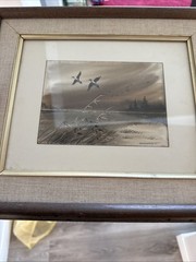 Vintage watercolor painting of Pond With Ducks signed WI artist Bernhardt