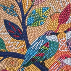Abstract Textured Dot Painting on Canvas Birds Tree Leaves Unframed Single