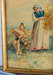 Antique Italian Watercolor, Peasants, Boy with Zampogna, Illegibly Signed