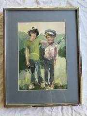Framed Vintage Watercolor Painting of 2 Boys – Signed „Joyce Wimeri“ Circa 1976