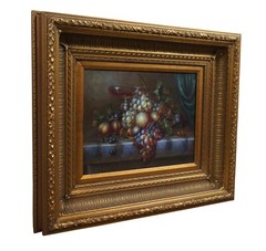 Vintage Still Life Fruit Grapes Wine Oil Painting on Canvas Gold Frame 27″