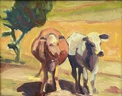 California Impressionist Farm Animals Cattle Cow Portrait Landscape Oil Painting