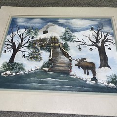 Vntg Christmas Folk Art Painting Cabin Snow Tree Moose 16” X 20” Original