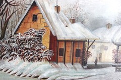 ANTIQUE FOLK ART OIL PAINTING VILLAGE BRIDGE RIVER SNOW WINTER LANDSCAPE PEOPLE