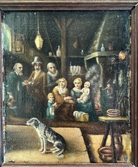 Antique Framed Oil Painting on Board, Tavern Scene, Italian School, Signed