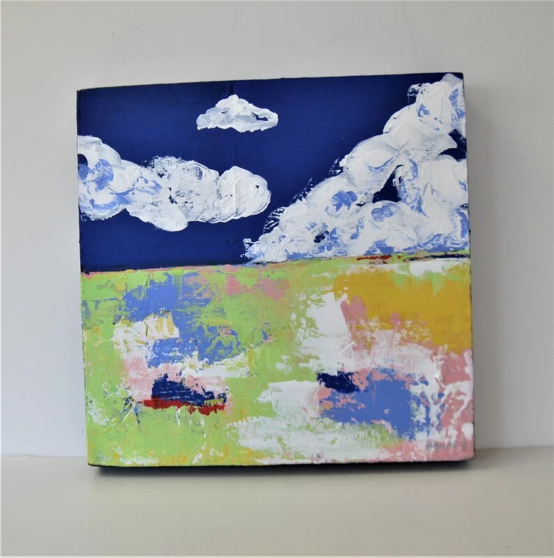 Bright Landscape painting, 10″ x 10″, original signed acrylic wall art canvas