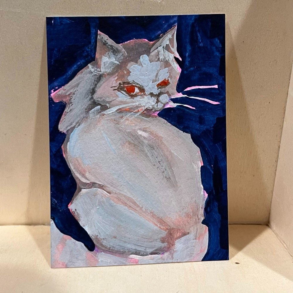 ACEO Original Art Card 2.5 x 3.5 Gouache mini painting cat/kitten