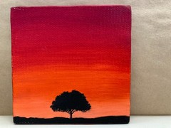Mini Sunset Painting – 4×4 inches Red and Black Small Art