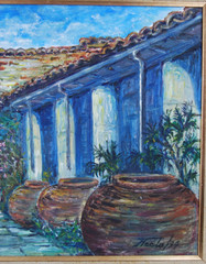 Original Hecto Vidal Oil Painting Tinajones, Colonial Patio Camaguey, Cuba 20×16