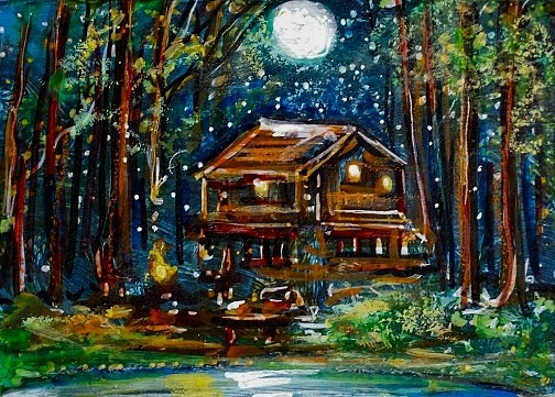 ACEO Original PAINTING Spring TREE Night Sky Moon CABIN Nature Landscape ATC ART