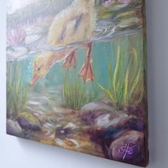 Diving Duckling Original Oil Painting Duck Pond Wildlife Animal Nature Art Gift