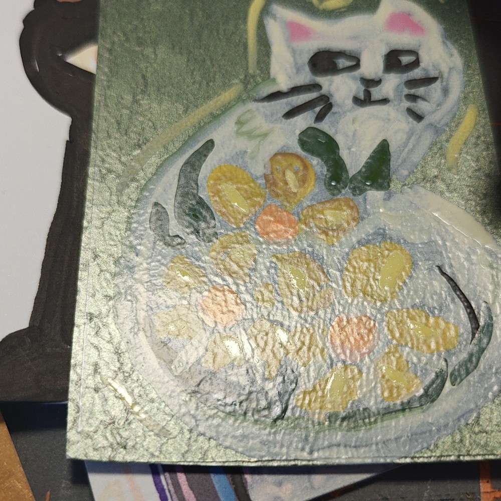 miniature folk art cat & flowers painting small original unframed