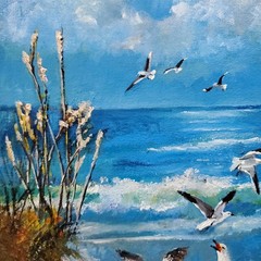 YARY DLUHOS Beach Sand Seascape Ocean Waves Sea Gulls Original Art Oil Painting