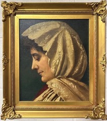 Italian School Portrait of Woman Headscarf Oil on Canvas Antique c1900
