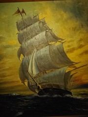 Framed Oil Canvas Painting Sailboat Seascape Impasto VTG original sunset art