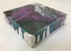 small paint pour modern art in gray, purple, white, green on canvas