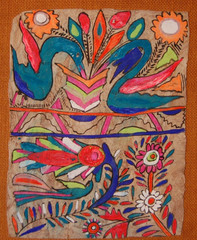 VTG 1960S MEXICAN AMATE BARK PAPER BURLAP FRAMED BIRD FLOWER FOLK ART PAINTING 3