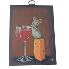 Mouse With Cheese And Wine Original Painting On Wood Signed Eddie Handpainted #2