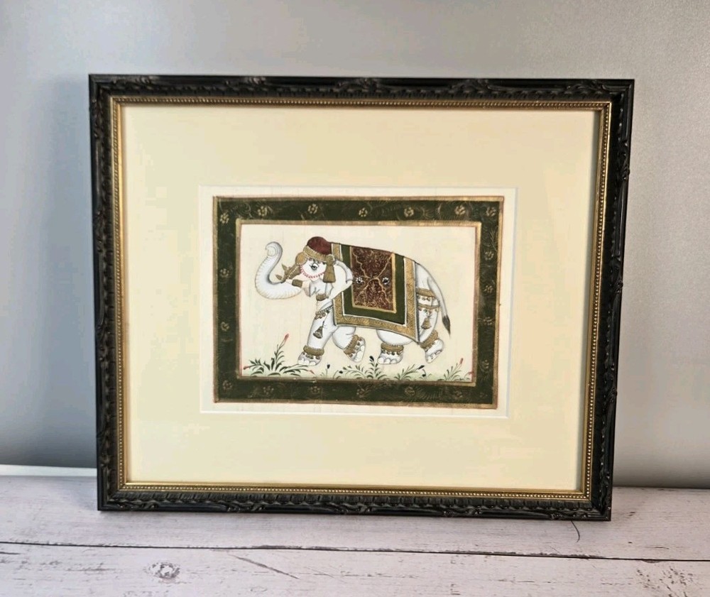 VTG India White Elephant Trunk Up Original Silk Painting on Fabric Hand Painted