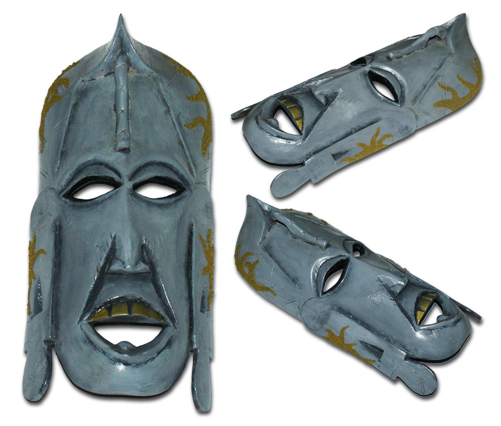 Goldie – Unique Hand Painted Wooden Tribal Mask – Stone Grey, Artificial Grass