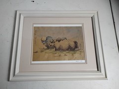 Rare Original Watercolor Painting Water Buffalo Mongolia