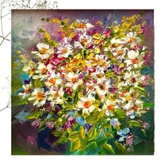 Bouquet Daisies Original Oil Painting Wildflowers Impasto Small Art 4×4 In OS