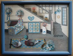 Hamilton, Vintage American Folk Art Painting Signed Genre Ducks Country Decor