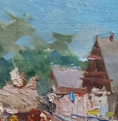 Oil painting In Village Ukrainian painter cardboard original primitive genre art
