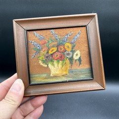 Vtg 2 Pc Mini Floral Still Life Paintings 4.5×5” On Wood, Framed Art