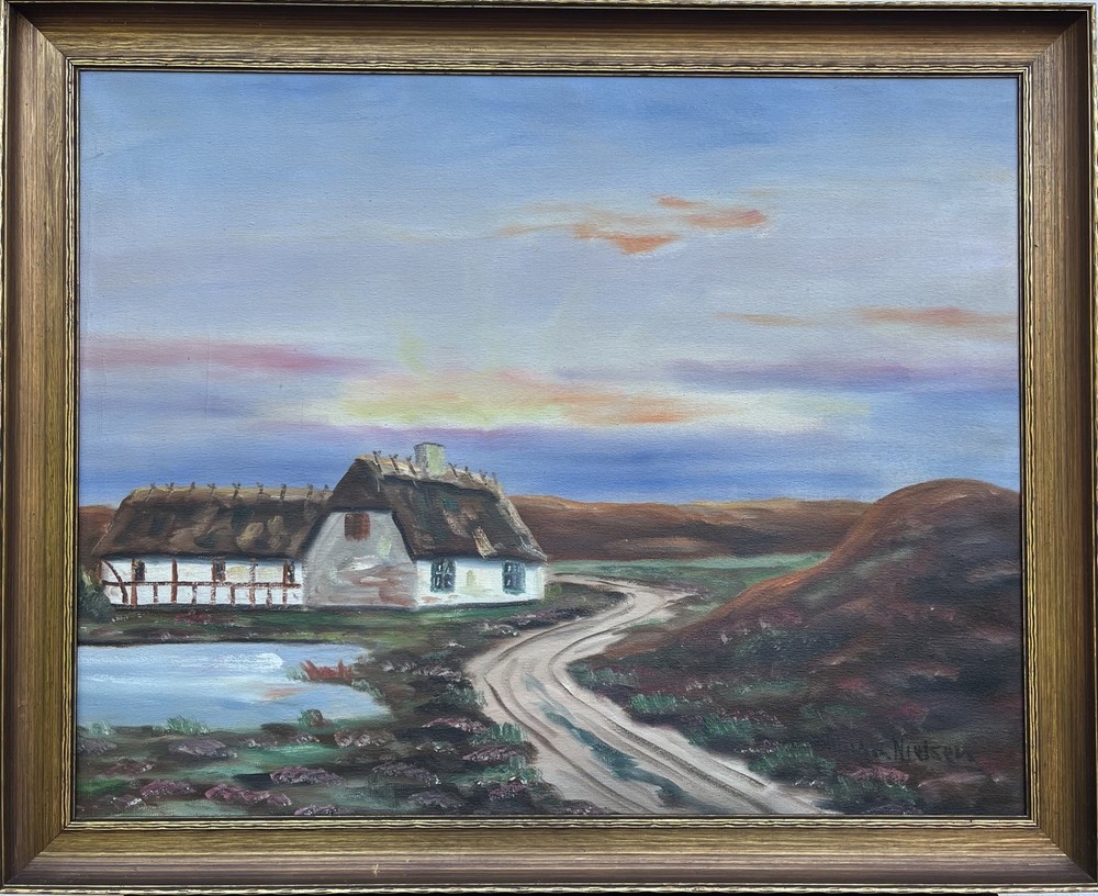 Impressionist Evening Landscape with Farm Path Heath Oil Painting 88×71.5cm