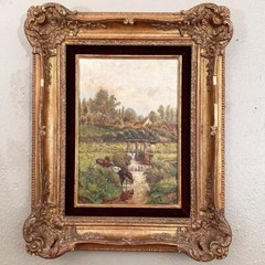 Signed Antique Oil on Canvas Painting- Farm with Stream & Cows. Dated 1918