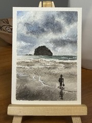 ACEO Original “Treasure Hunter” Beach Waves Cloud Watercolor Art JadePietrangelo