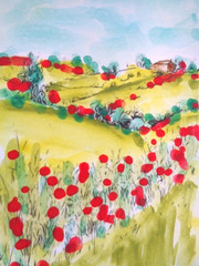 ACEO Mountain Hillside POPPY FIELD FLOWERS Landscape Painting ART