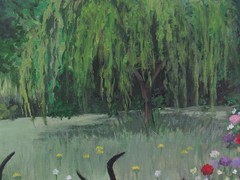 Original painting on 18×24 In. canvas featuring black cats in a flower garden