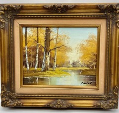 VINTAGE OIL PAINTING ON CANVAS SIGNED RAMON MID CENTURY AUTUMN LANDSCAPE As Is