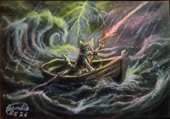 Jacob Landis HANDMADE ORIGINAL art ACEO Boat Kitten Danger „Shooting A Flare“