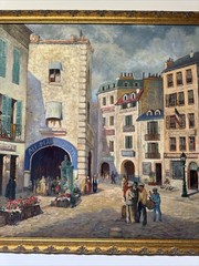 Paris France Painting French Large Oil Street Scene City Life Greenwood Vintage