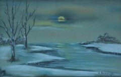 Antique 1911 Gouache & Watercolor Snowy Winter River Landscape by A. Schenck