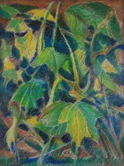 Oil pastel painting on paper of autumn grape leaves, by artist Daniel Wend