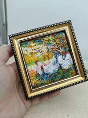 Chicken Original Oil Painting 4×4 Framed Signed Rooster Bird Farmhouse Rural Art
