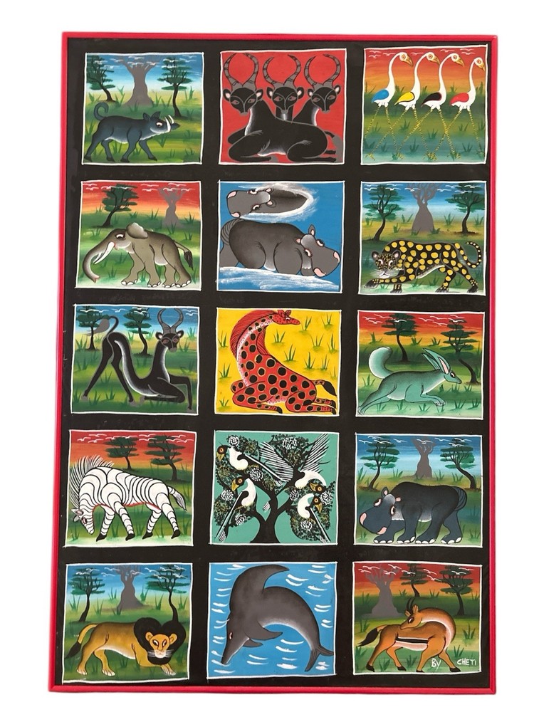 Original Tanzania Enamel Painting Tingatinga Art, By Cheti 24in x 30in