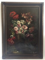 Beautiful Vintage Antique Italian M.Calzolari Still Life with Flowers Oil On Can