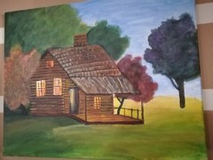  Hand Painted Painting of farm House/wood house with trees and beautiful grass