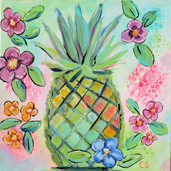 Original Acrylic Art Painting Tropical Pineapple Floral Fun Expressive Folk Art