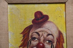 Vintage Original Oil Painting Sad Crying Clown Framed MCM Circus Art Signed